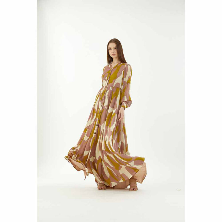 KoAi Peach, Mustard and Off-White Front Open Abstract Dress