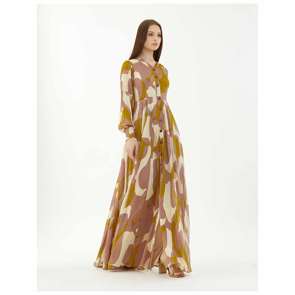 KoAi Peach, Mustard and Off-White Front Open Abstract Dress