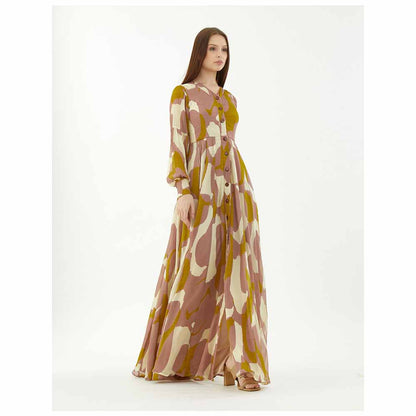 KoAi Peach, Mustard and Off-White Front Open Abstract Dress