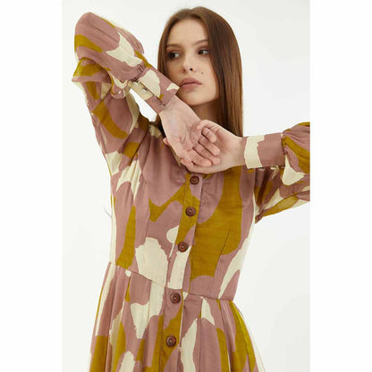 KoAi Peach, Mustard and Off-White Front Open Abstract Dress