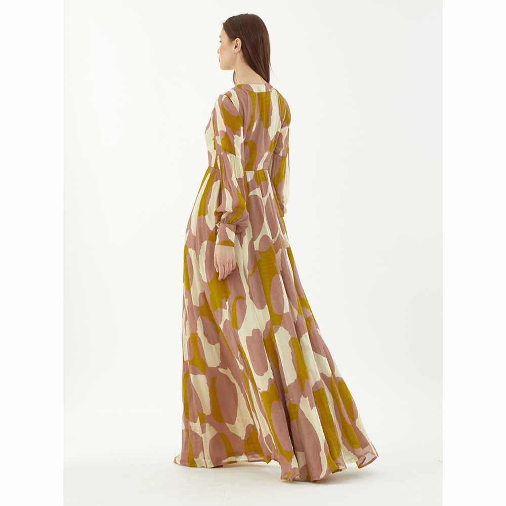 KoAi Peach, Mustard and Off-White Front Open Abstract Dress