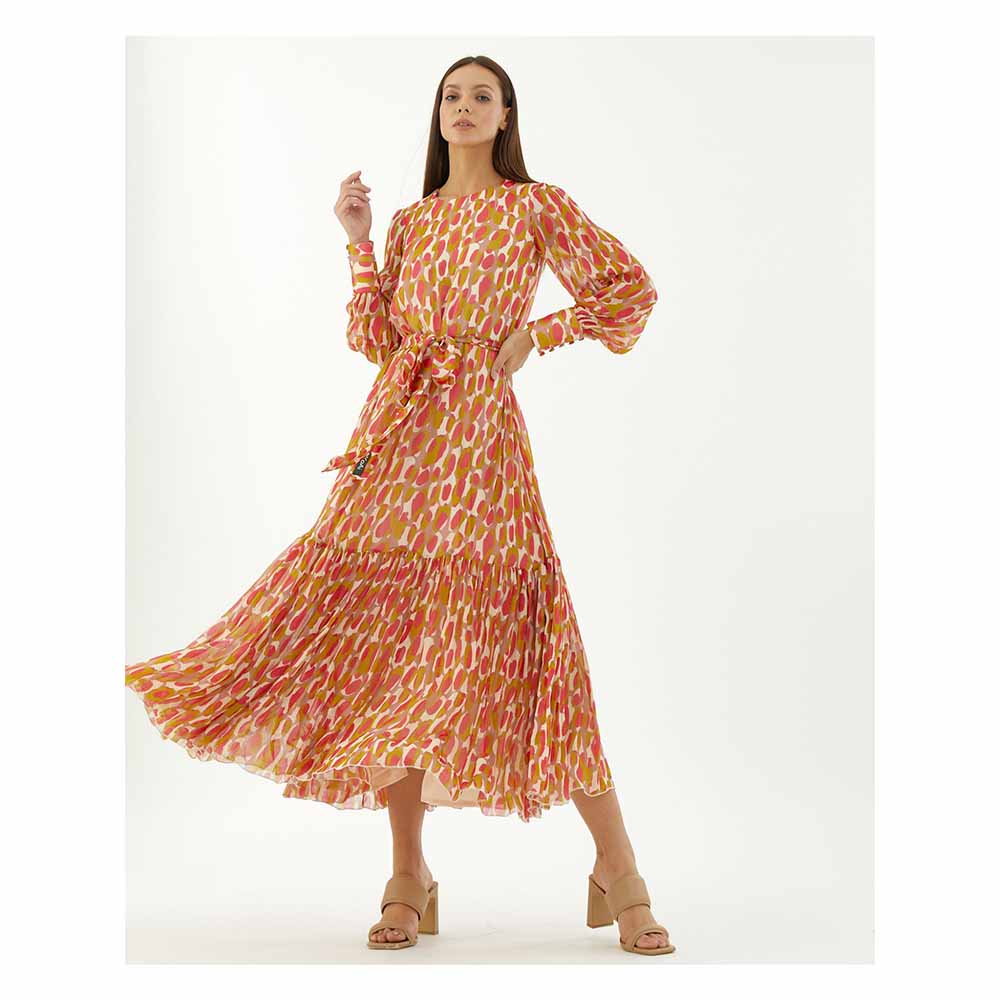 KoAi Mustard, Pink and Off-White Abstract Frill Dress (Set of 2)