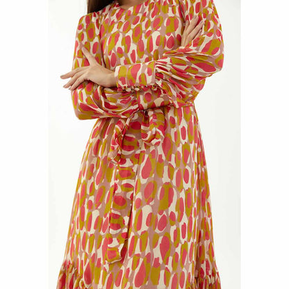 KoAi Mustard, Pink and Off-White Abstract Frill Dress (Set of 2)