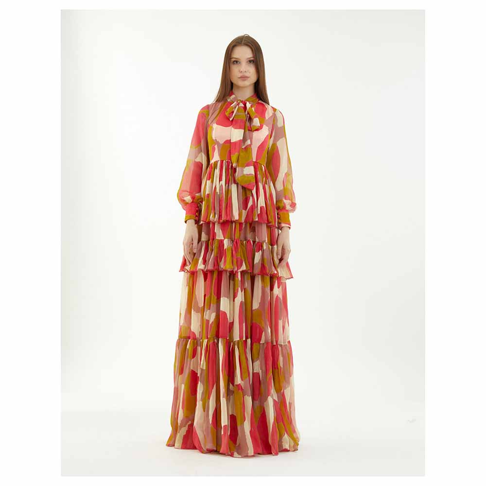 KoAi Mustard, Pink and Off-White Frill Dress