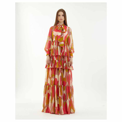 KoAi Mustard, Pink and Off-White Frill Dress