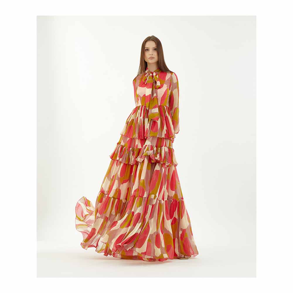 KoAi Mustard, Pink and Off-White Frill Dress