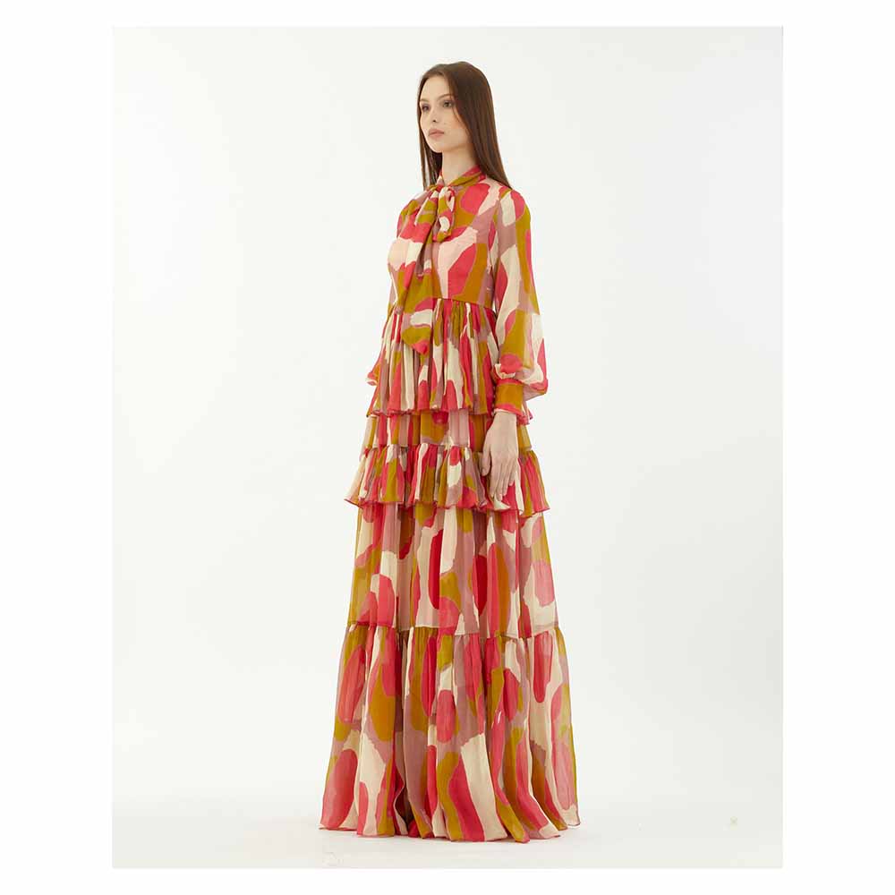 KoAi Mustard, Pink and Off-White Frill Dress