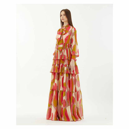 KoAi Mustard, Pink and Off-White Frill Dress