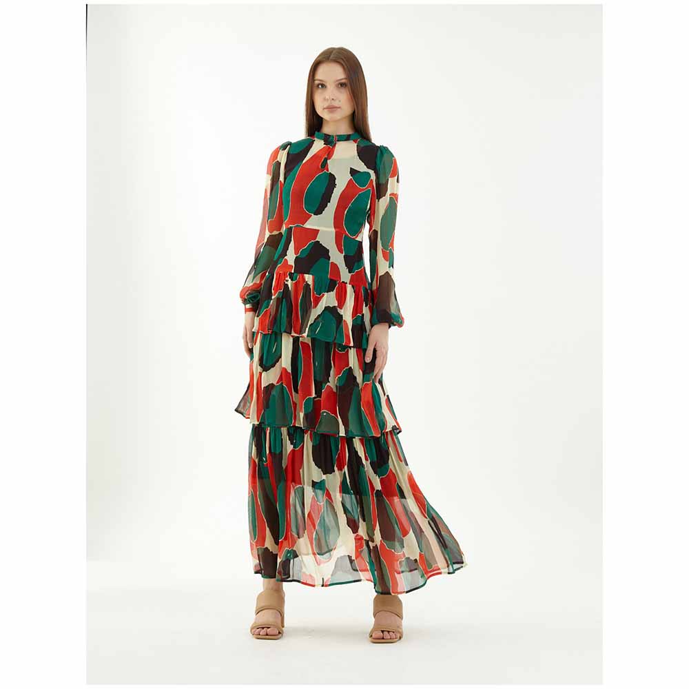 KoAi Off-White, Green, Black and Red Abstract Frill Dress