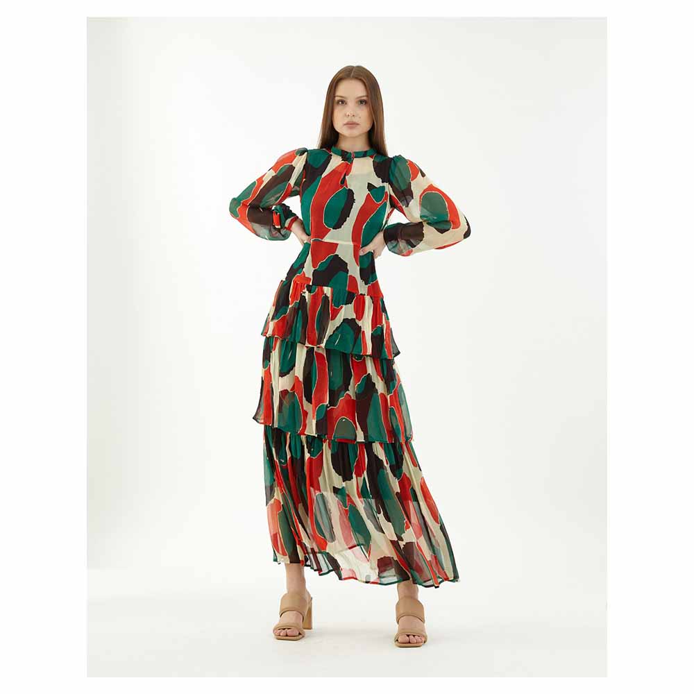 KoAi Off-White, Green, Black and Red Abstract Frill Dress