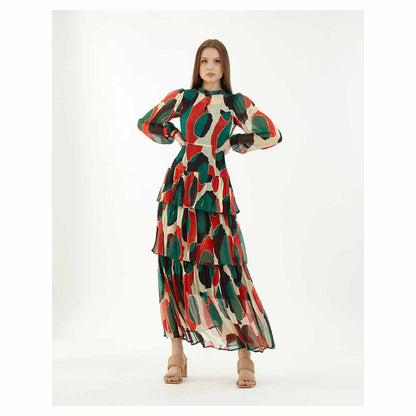 KoAi Off-White, Green, Black and Red Abstract Frill Dress