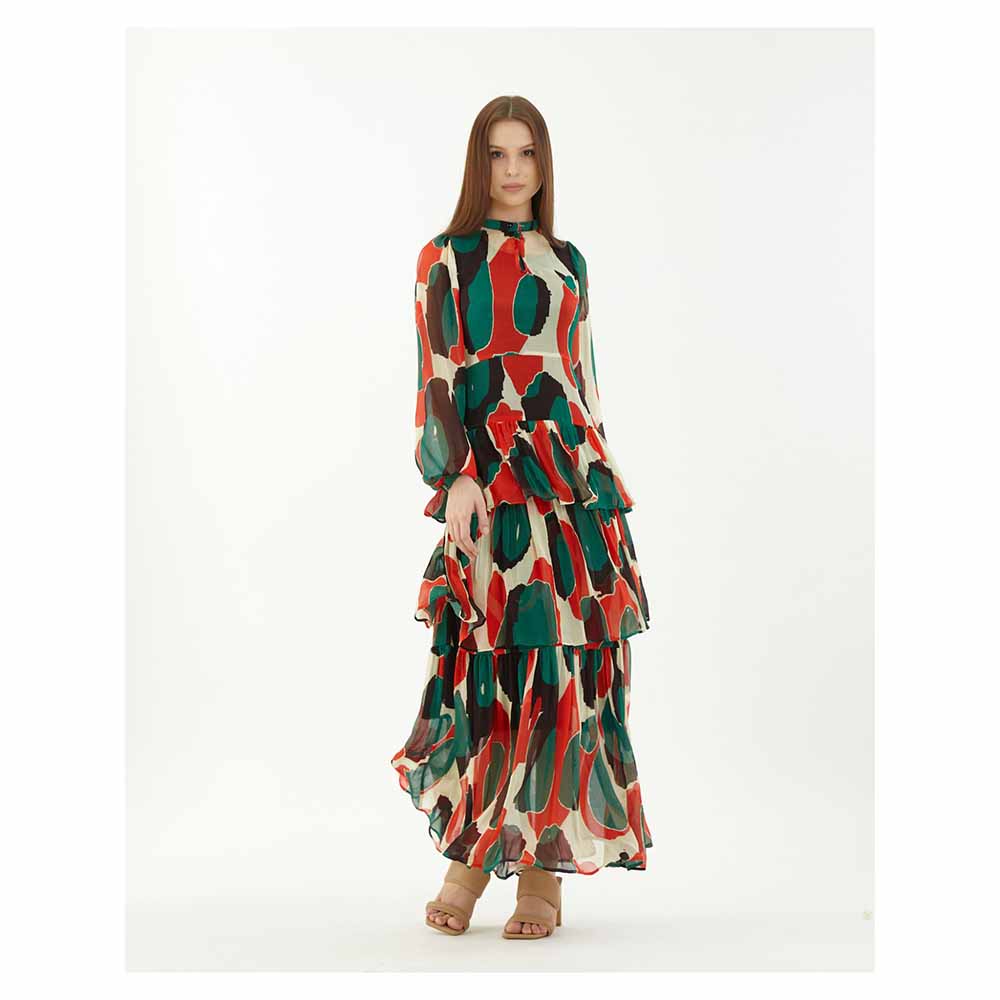 KoAi Off-White, Green, Black and Red Abstract Frill Dress