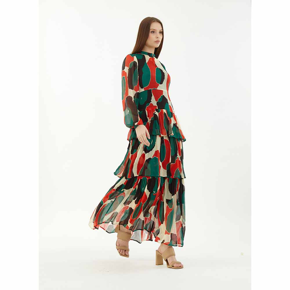 KoAi Off-White, Green, Black and Red Abstract Frill Dress