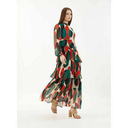 KoAi Off-White, Green, Black and Red Abstract Frill Dress
