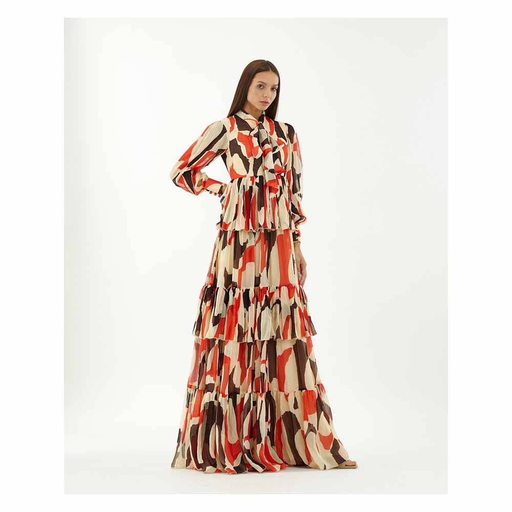 KoAi Off-White, Red and Black Abstract Frill Dress