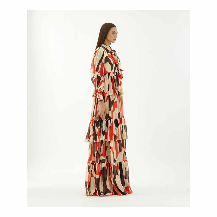 KoAi Off-White, Red and Black Abstract Frill Dress