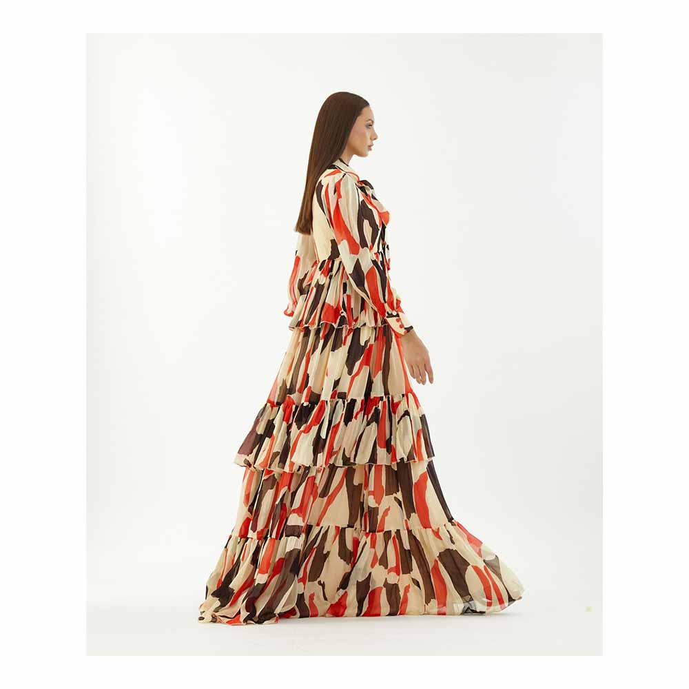 KoAi Off-White, Red and Black Abstract Frill Dress