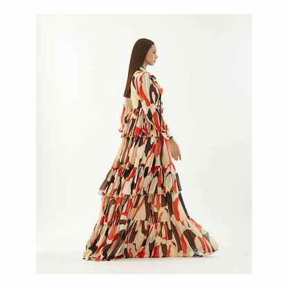 KoAi Off-White, Red and Black Abstract Frill Dress