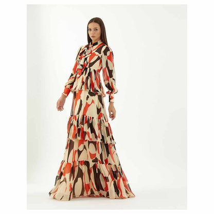 KoAi Off-White, Red and Black Abstract Frill Dress