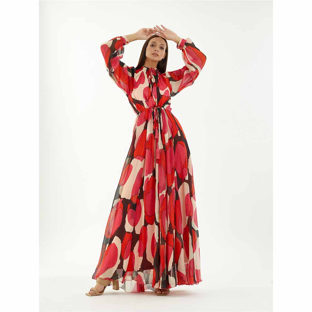 KoAi Red, Hot Pink, Beige and Black Long Kaftan Dress
