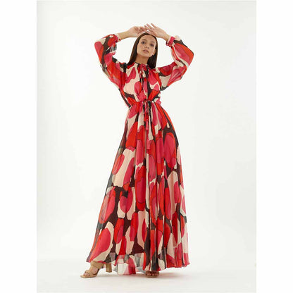 KoAi Red, Hot Pink, Beige and Black Long Kaftan Dress