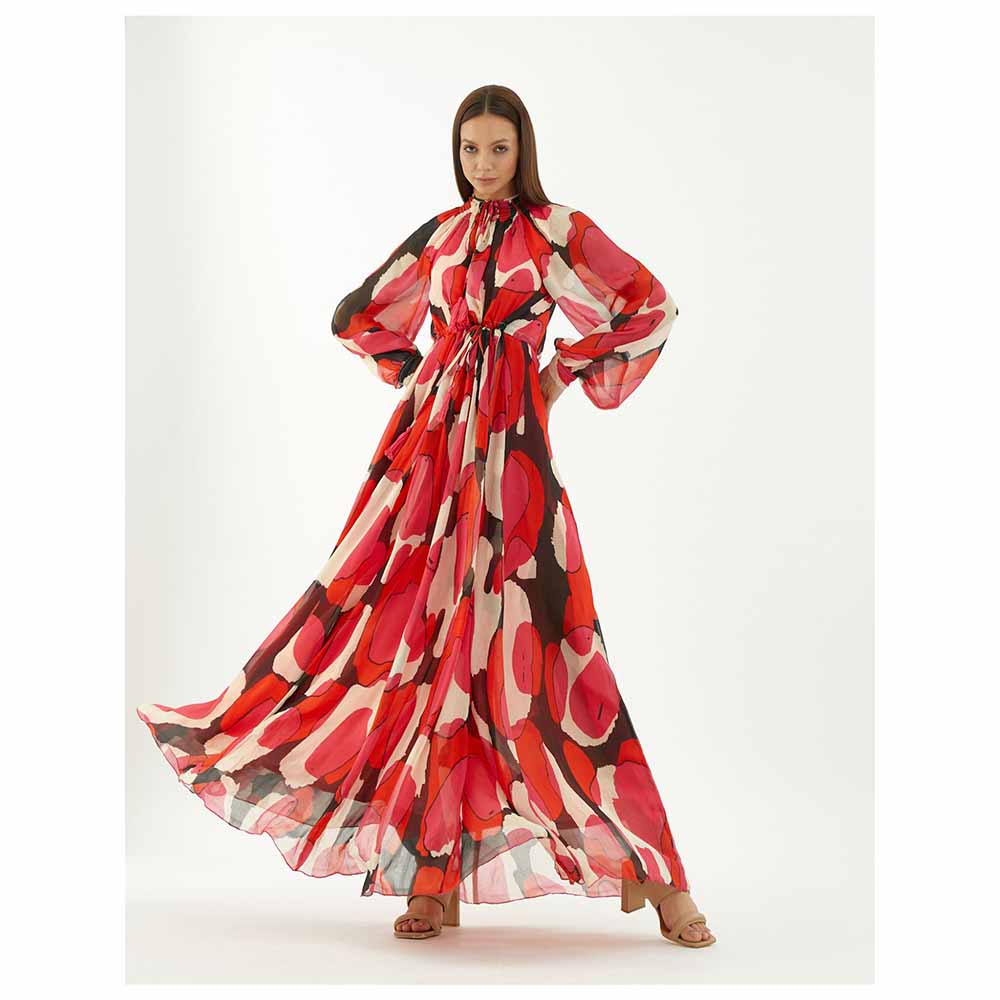 KoAi Red, Hot Pink, Beige and Black Long Kaftan Dress