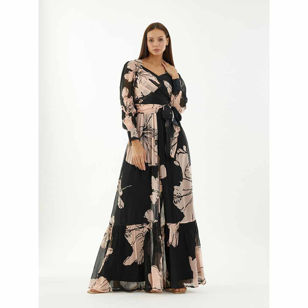 KoAi Black and Pink Floral Wrap Jumpsuit