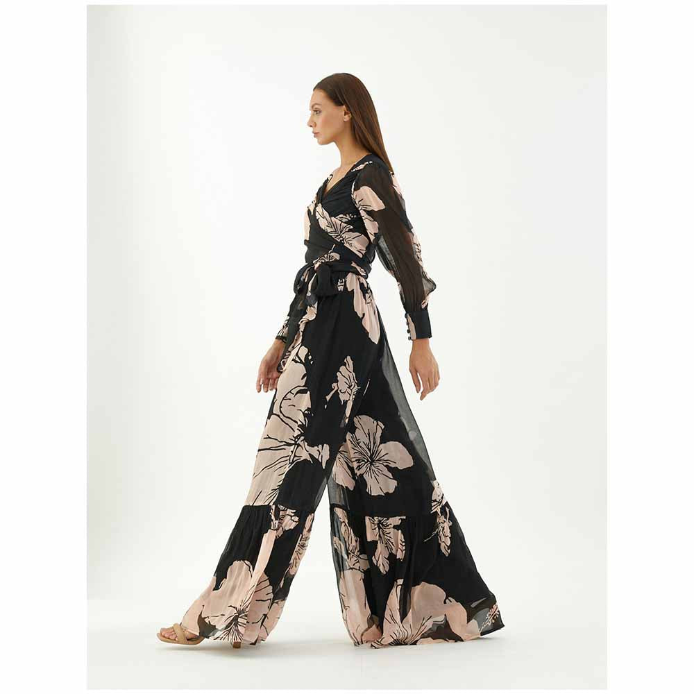 KoAi Black and Pink Floral Wrap Jumpsuit