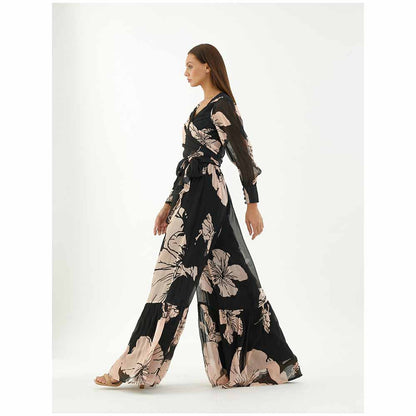 KoAi Black and Pink Floral Wrap Jumpsuit