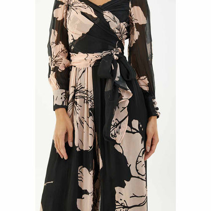 KoAi Black and Pink Floral Wrap Jumpsuit