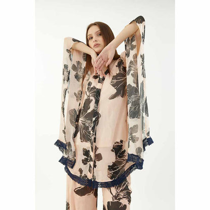 KoAi Pink and Black Floral Kaftan Top (Set of 2)