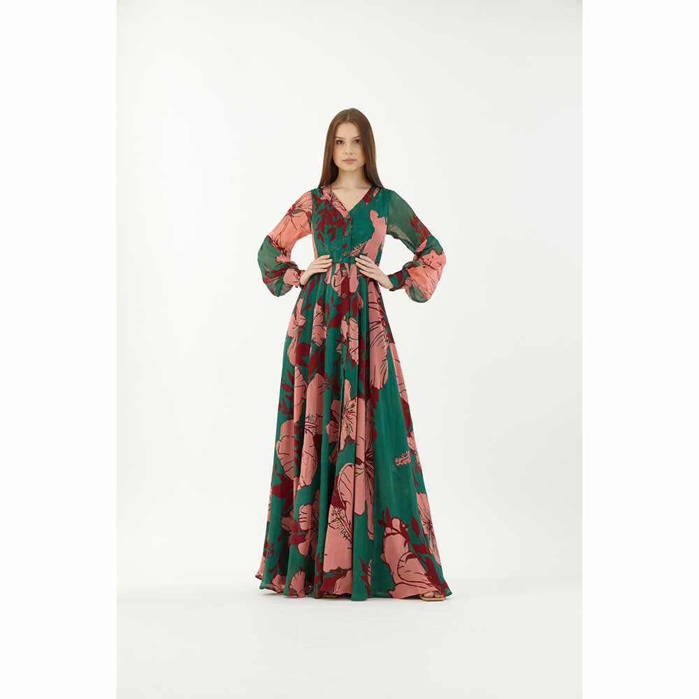 KoAi Green, Pink and Red Floral Front Open Dress