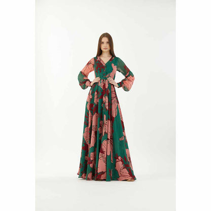 KoAi Green, Pink and Red Floral Front Open Dress