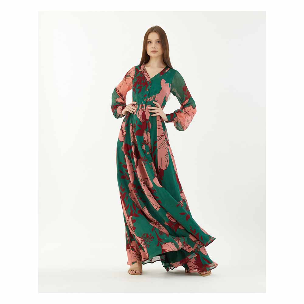 KoAi Green, Pink and Red Floral Front Open Dress
