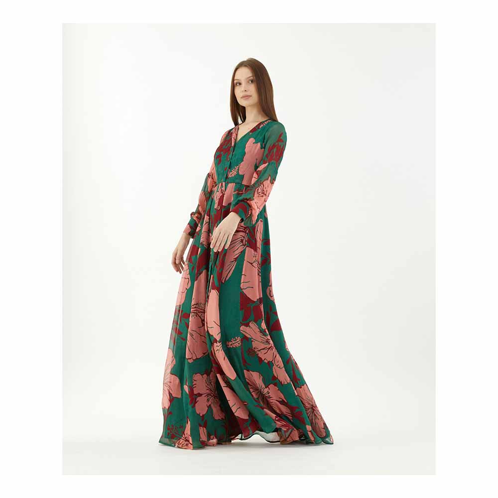 KoAi Green, Pink and Red Floral Front Open Dress
