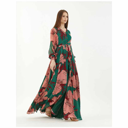 KoAi Green, Pink and Red Floral Front Open Dress