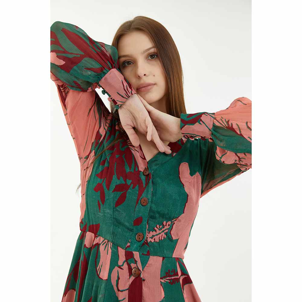 KoAi Green, Pink and Red Floral Front Open Dress