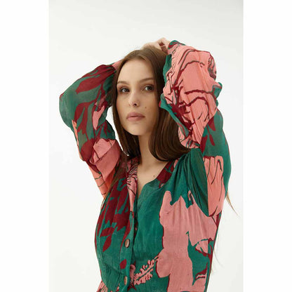 KoAi Green, Pink and Red Floral Front Open Dress
