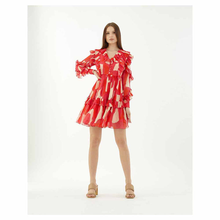KoAi Hot Pink, Red and Beige Abstract Frill Short Dress
