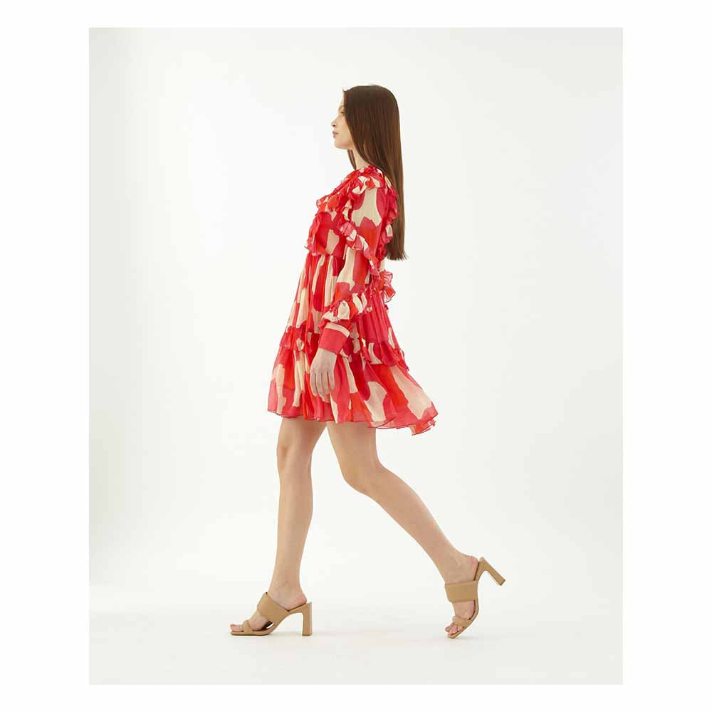KoAi Hot Pink, Red and Beige Abstract Frill Short Dress