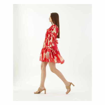 KoAi Hot Pink, Red and Beige Abstract Frill Short Dress