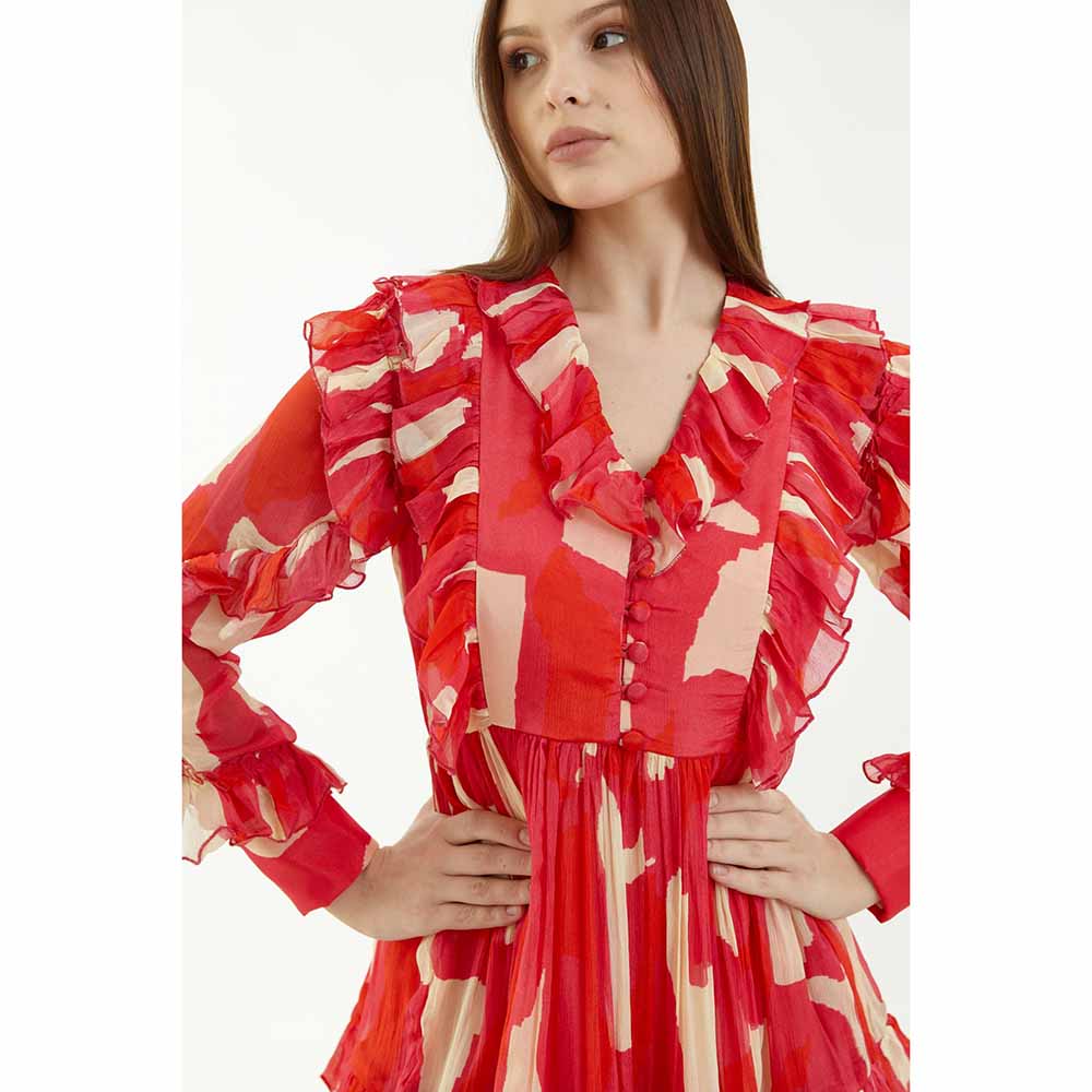 KoAi Hot Pink, Red and Beige Abstract Frill Short Dress