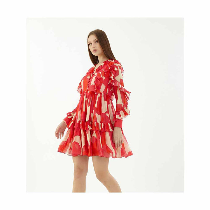 KoAi Hot Pink, Red and Beige Abstract Frill Short Dress