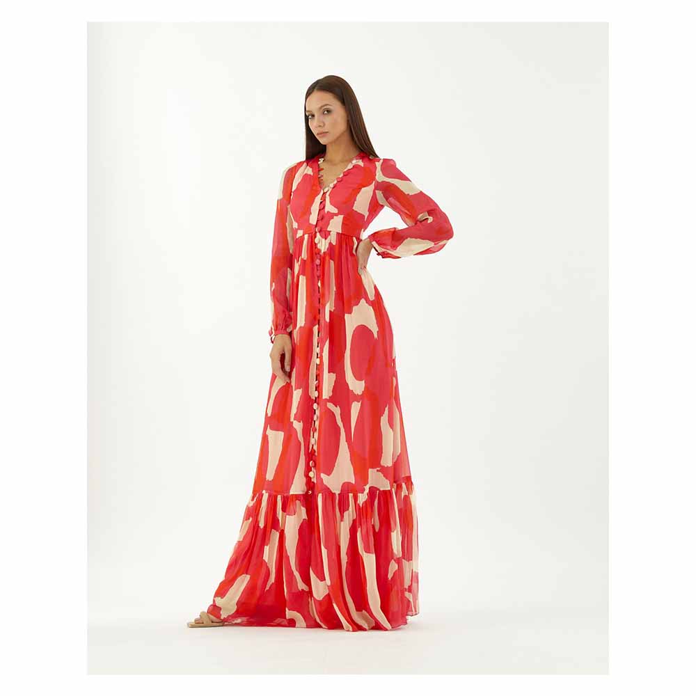 KoAi Hot Pink, Red and Beige Abstract Long Dress