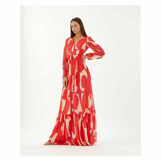 KoAi Hot Pink, Red and Beige Abstract Long Dress