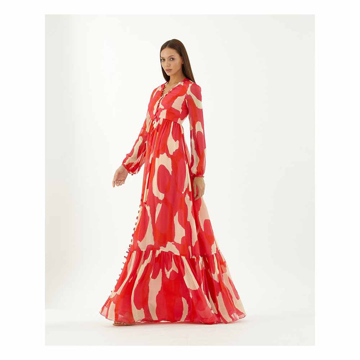 KoAi Hot Pink, Red and Beige Abstract Long Dress