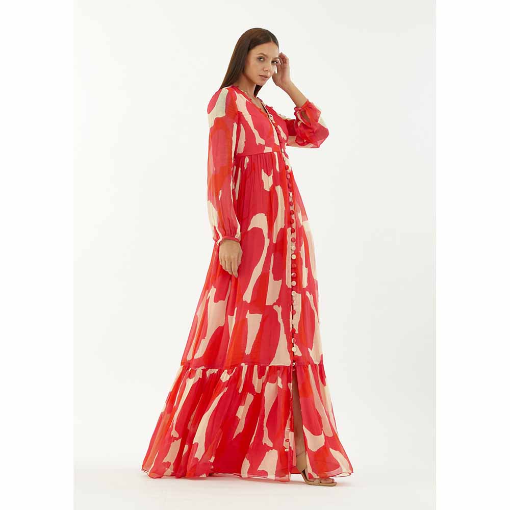 KoAi Hot Pink, Red and Beige Abstract Long Dress
