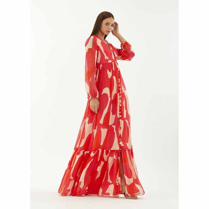 KoAi Hot Pink, Red and Beige Abstract Long Dress