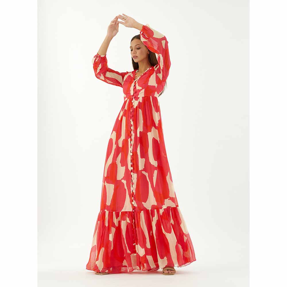 KoAi Hot Pink, Red and Beige Abstract Long Dress