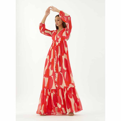 KoAi Hot Pink, Red and Beige Abstract Long Dress